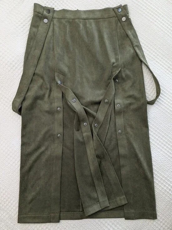 Designer Olive Burnt Stretch Pencil Skirt Velour-Like Heavy Fabric - Picture 6 of 8